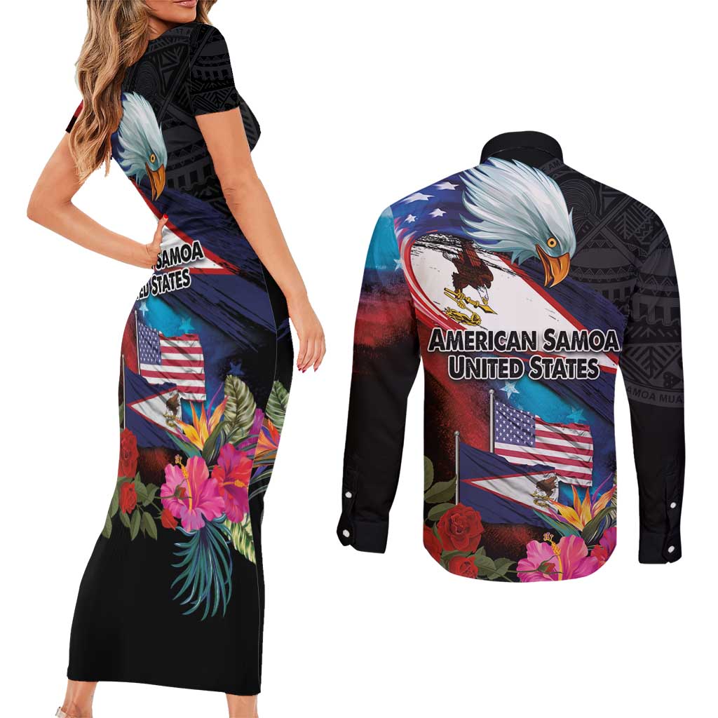 American Samoa and United States Together Couples Matching Short Sleeve Bodycon Dress and Long Sleeve Button Shirt National Flag with Eagle-Hibiscus and Rose LT03 - Polynesian Pride