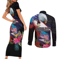 American Samoa and United States Together Couples Matching Short Sleeve Bodycon Dress and Long Sleeve Button Shirt National Flag with Eagle-Hibiscus and Rose LT03 - Polynesian Pride