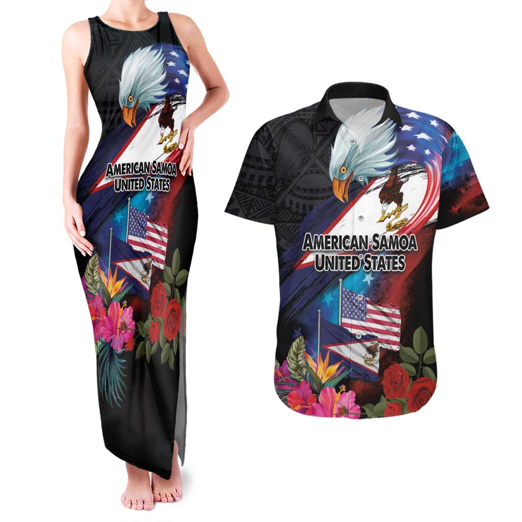 American Samoa and United States Together Couples Matching Tank Maxi Dress and Hawaiian Shirt National Flag with Eagle-Hibiscus and Rose LT03 Black - Polynesian Pride
