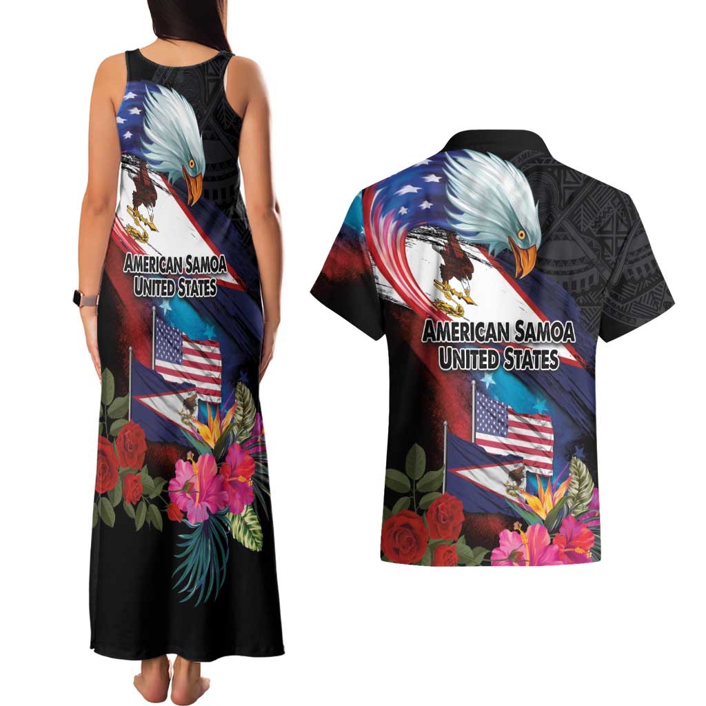 American Samoa and United States Together Couples Matching Tank Maxi Dress and Hawaiian Shirt National Flag with Eagle-Hibiscus and Rose LT03 - Polynesian Pride