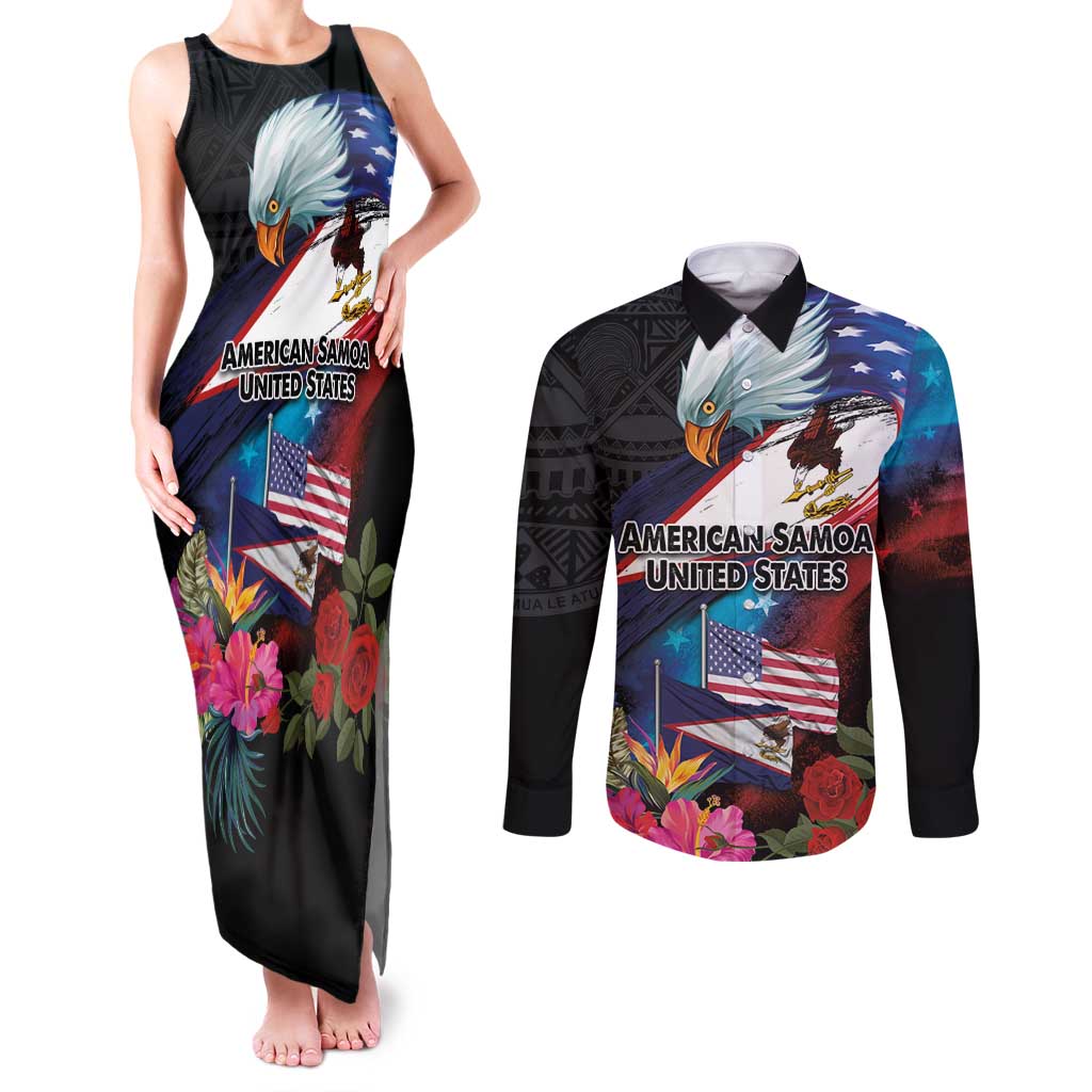 American Samoa and United States Together Couples Matching Tank Maxi Dress and Long Sleeve Button Shirt National Flag with Eagle-Hibiscus and Rose LT03 Black - Polynesian Pride