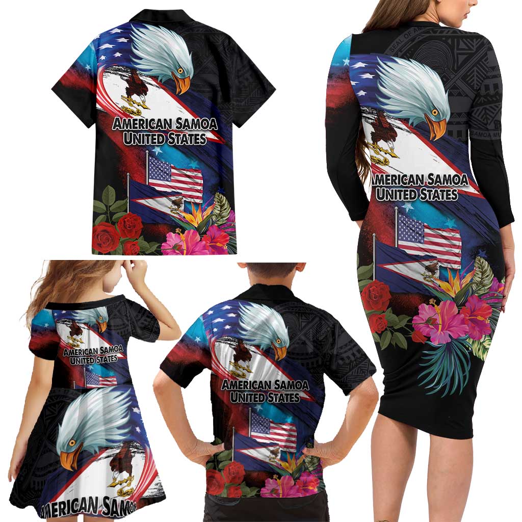 American Samoa and United States Together Family Matching Long Sleeve Bodycon Dress and Hawaiian Shirt National Flag with Eagle-Hibiscus and Rose LT03 - Polynesian Pride