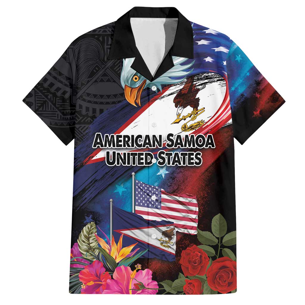 American Samoa and United States Together Family Matching Long Sleeve Bodycon Dress and Hawaiian Shirt National Flag with Eagle-Hibiscus and Rose LT03 Dad's Shirt - Short Sleeve Black - Polynesian Pride