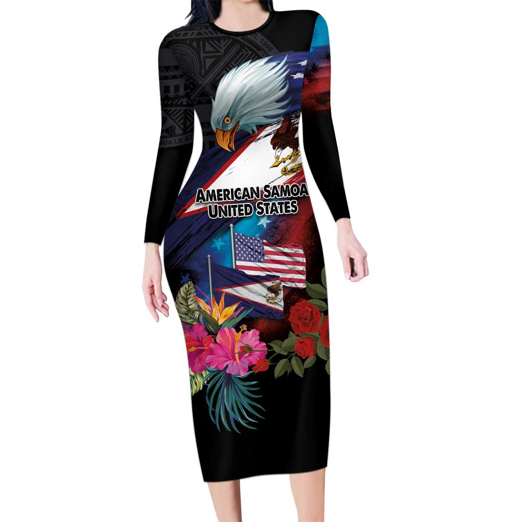 American Samoa and United States Together Family Matching Long Sleeve Bodycon Dress and Hawaiian Shirt National Flag with Eagle-Hibiscus and Rose LT03 Mom's Dress Black - Polynesian Pride