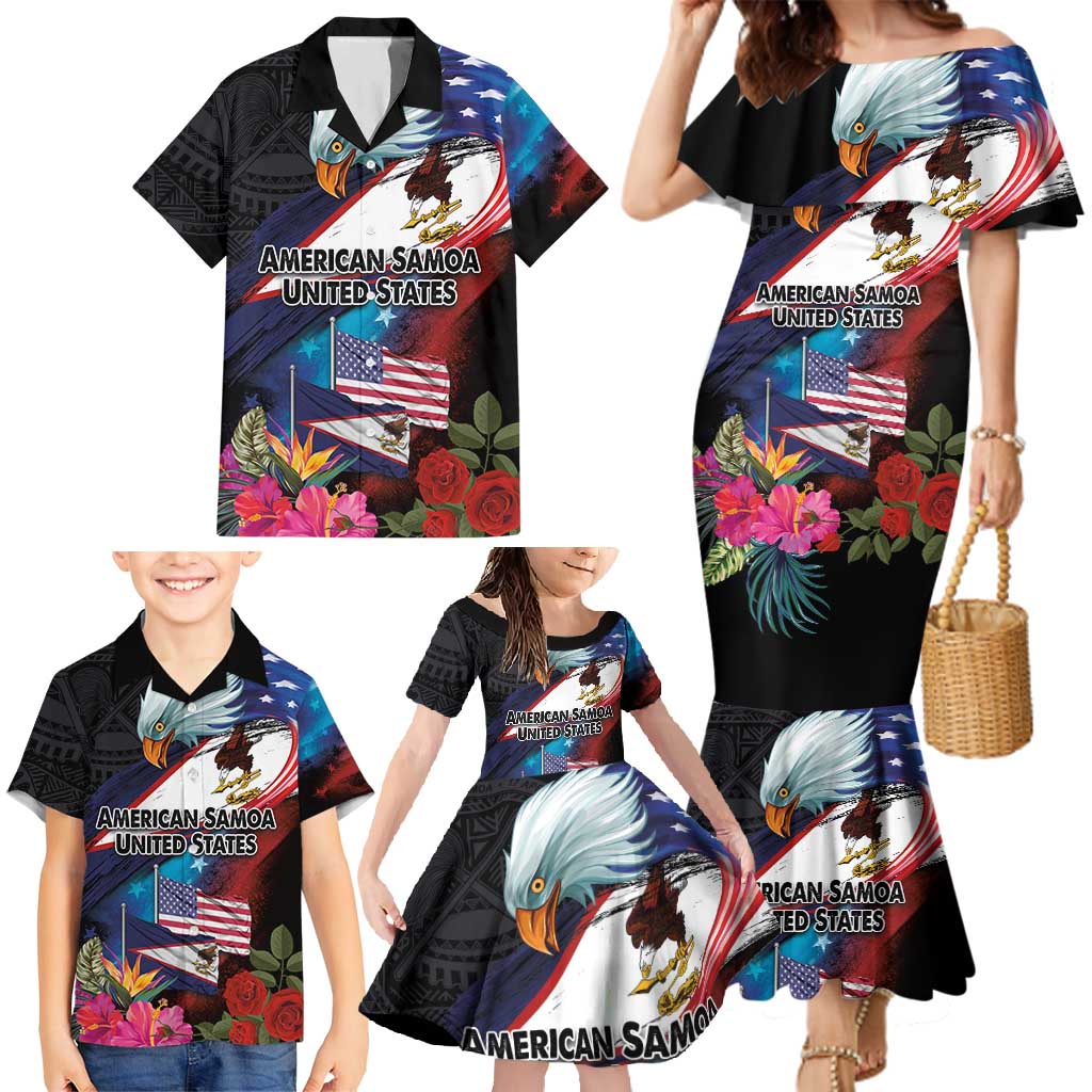 American Samoa and United States Together Family Matching Mermaid Dress and Hawaiian Shirt National Flag with Eagle-Hibiscus and Rose LT03 - Polynesian Pride