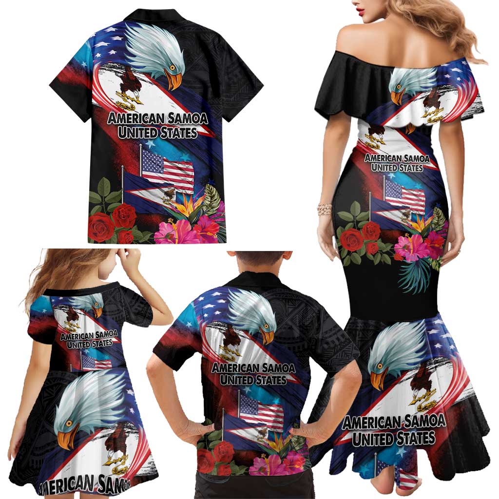 American Samoa and United States Together Family Matching Mermaid Dress and Hawaiian Shirt National Flag with Eagle-Hibiscus and Rose LT03 - Polynesian Pride