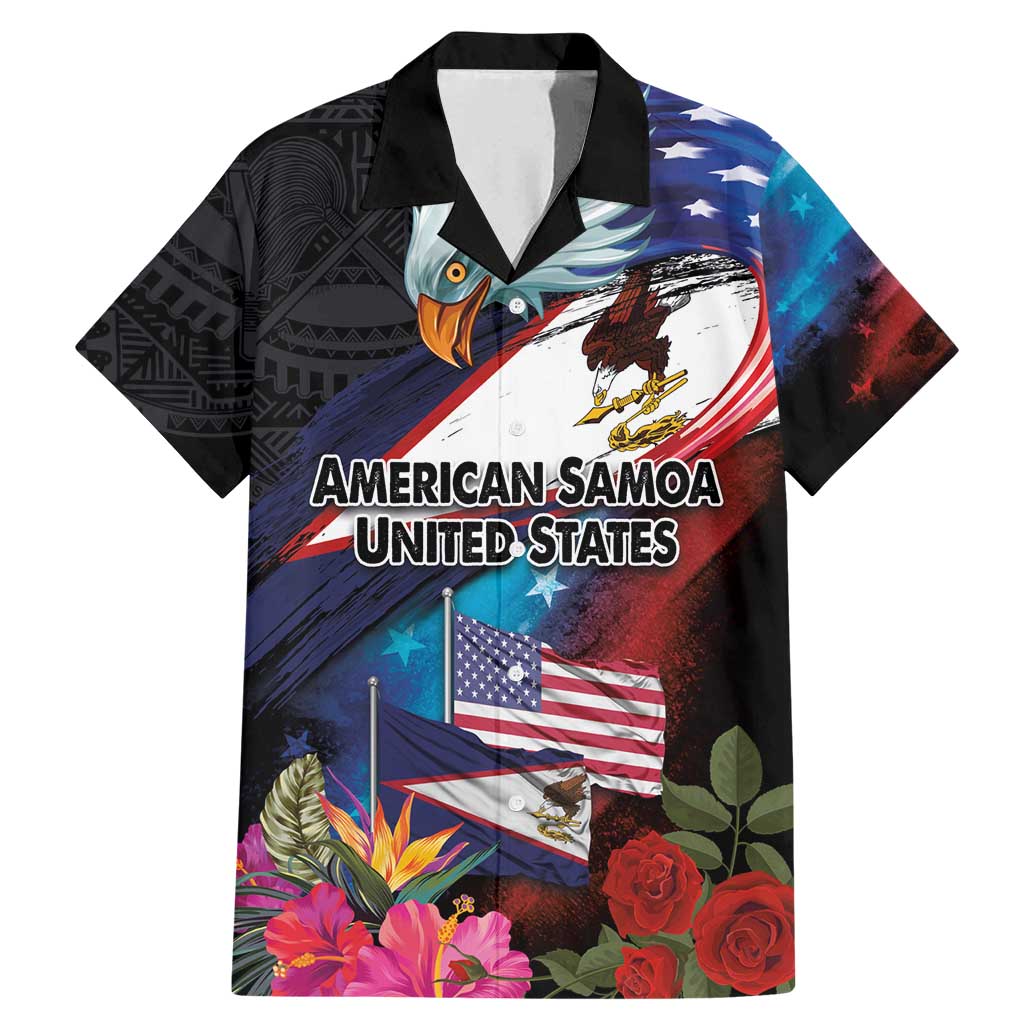 American Samoa and United States Together Family Matching Mermaid Dress and Hawaiian Shirt National Flag with Eagle-Hibiscus and Rose LT03 Dad's Shirt - Short Sleeve Black - Polynesian Pride