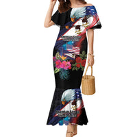 American Samoa and United States Together Family Matching Mermaid Dress and Hawaiian Shirt National Flag with Eagle-Hibiscus and Rose LT03 Mom's Dress Black - Polynesian Pride