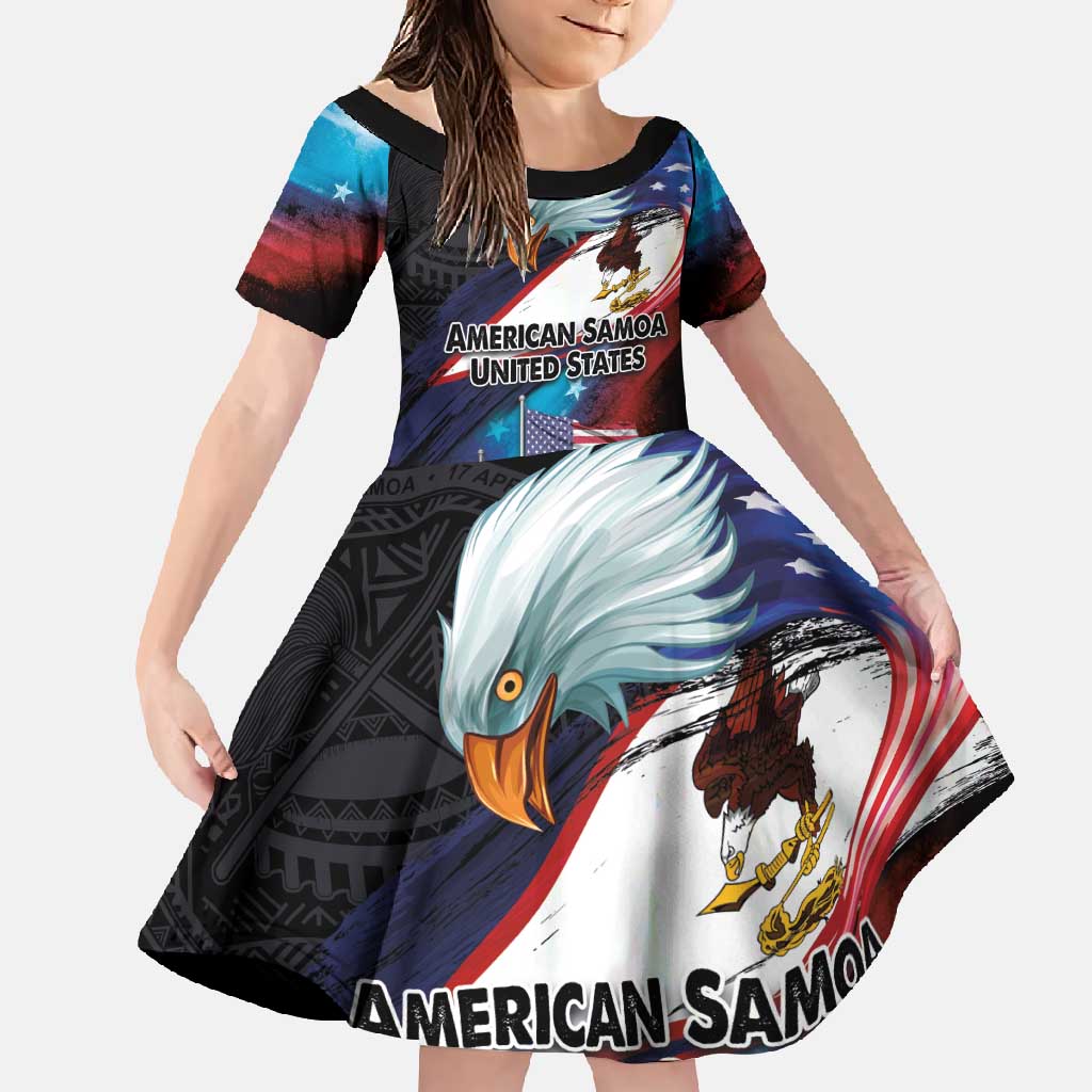 American Samoa and United States Together Family Matching Off Shoulder Maxi Dress and Hawaiian Shirt National Flag with Eagle-Hibiscus and Rose LT03 Daughter's Dress Black - Polynesian Pride