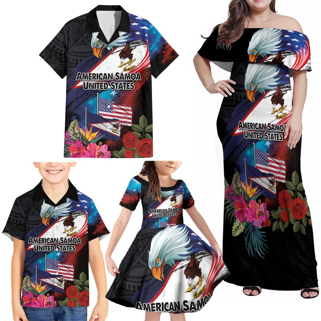 American Samoa and United States Together Family Matching Off Shoulder Maxi Dress and Hawaiian Shirt National Flag with Eagle-Hibiscus and Rose LT03 - Polynesian Pride