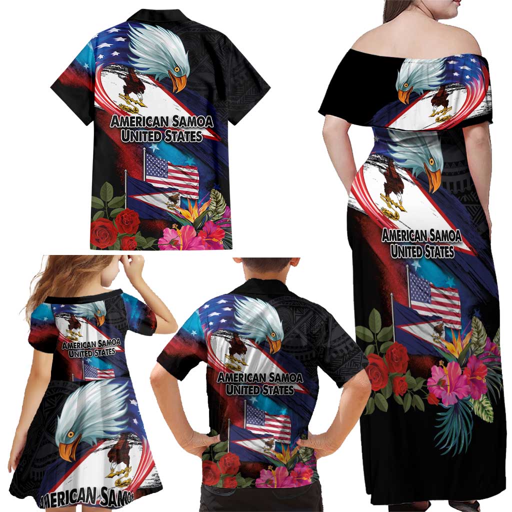 American Samoa and United States Together Family Matching Off Shoulder Maxi Dress and Hawaiian Shirt National Flag with Eagle-Hibiscus and Rose LT03 - Polynesian Pride