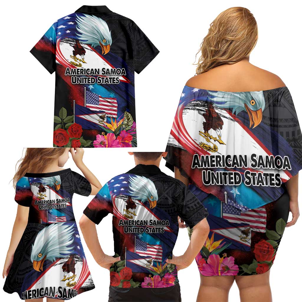 American Samoa and United States Together Family Matching Off Shoulder Short Dress and Hawaiian Shirt National Flag with Eagle-Hibiscus and Rose LT03 - Polynesian Pride
