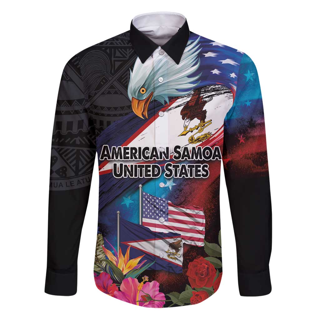 American Samoa and United States Together Family Matching Puletasi and Hawaiian Shirt National Flag with Eagle-Hibiscus and Rose LT03 Dad's Shirt - Long Sleeve Black - Polynesian Pride