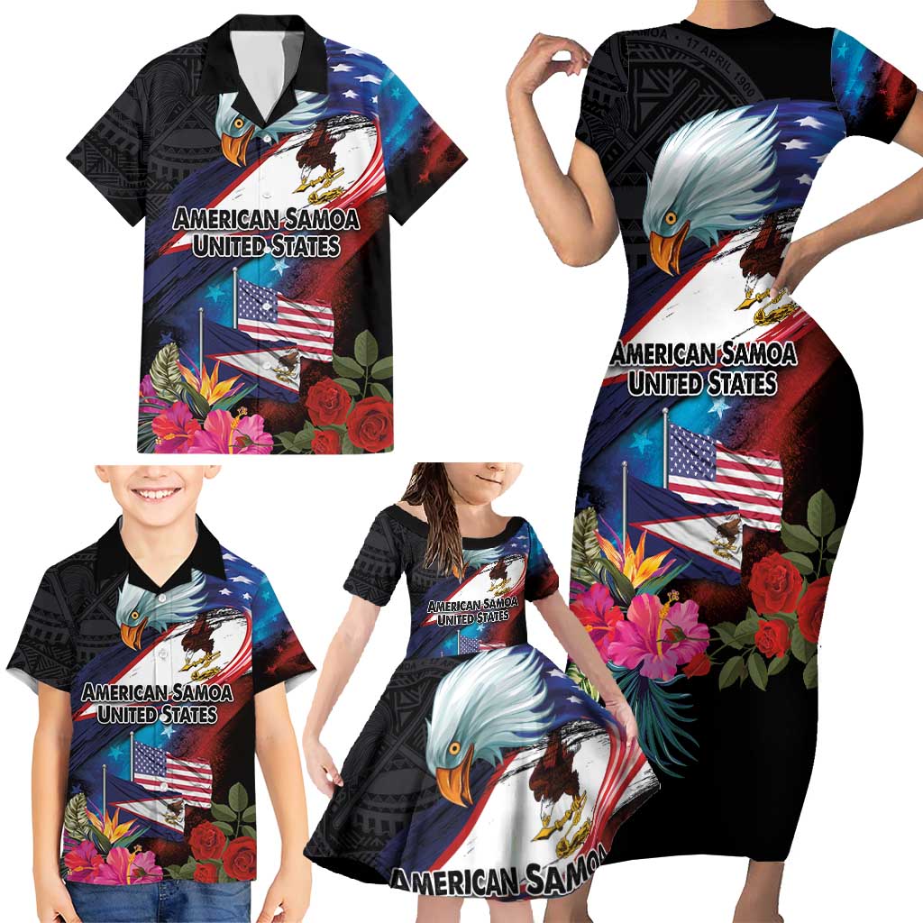 American Samoa and United States Together Family Matching Short Sleeve Bodycon Dress and Hawaiian Shirt National Flag with Eagle-Hibiscus and Rose LT03 - Polynesian Pride