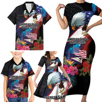 American Samoa and United States Together Family Matching Short Sleeve Bodycon Dress and Hawaiian Shirt National Flag with Eagle-Hibiscus and Rose LT03 - Polynesian Pride