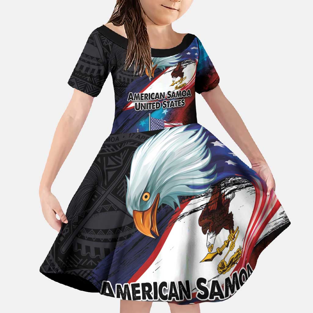 American Samoa and United States Together Family Matching Summer Maxi Dress and Hawaiian Shirt National Flag with Eagle-Hibiscus and Rose LT03 Daughter's Dress Black - Polynesian Pride