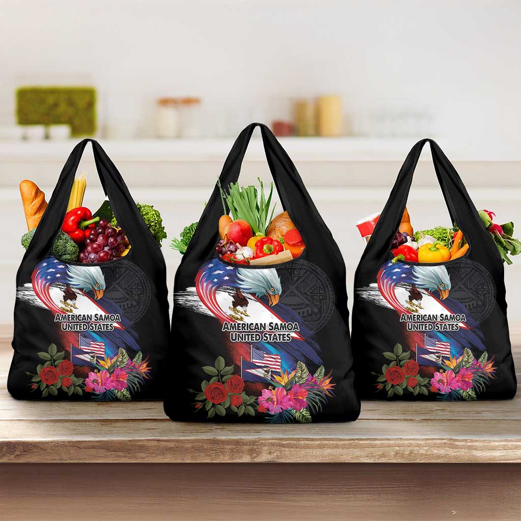 American Samoa and United States Together Grocery Bag National Flag with Eagle-Hibiscus and Rose
