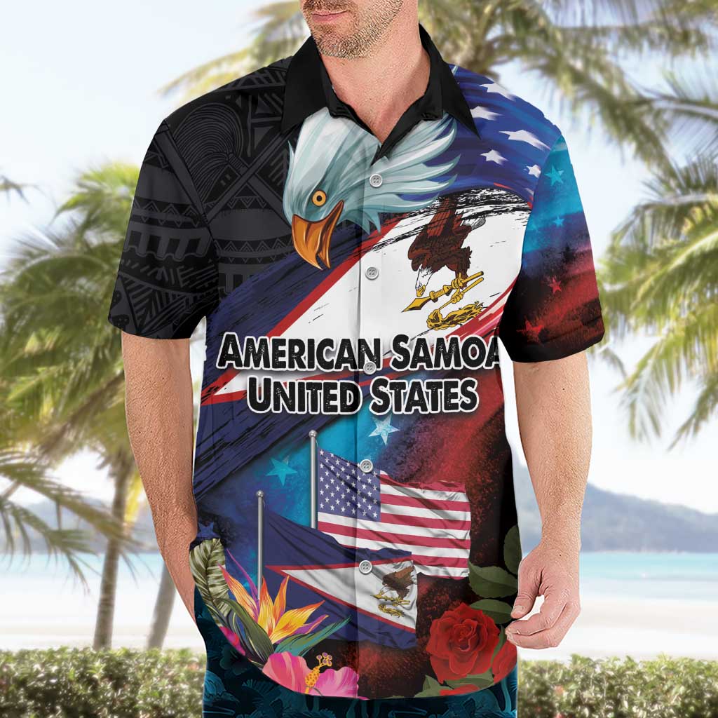 American Samoa and United States Together Hawaiian Shirt National Flag with Eagle-Hibiscus and Rose LT03 - Polynesian Pride