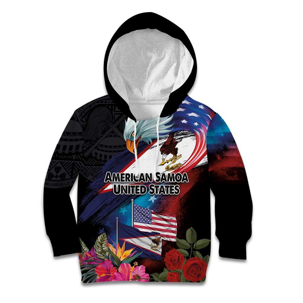 American Samoa and United States Together Kid Hoodie National Flag with Eagle-Hibiscus and Rose LT03 Hoodie Black - Polynesian Pride