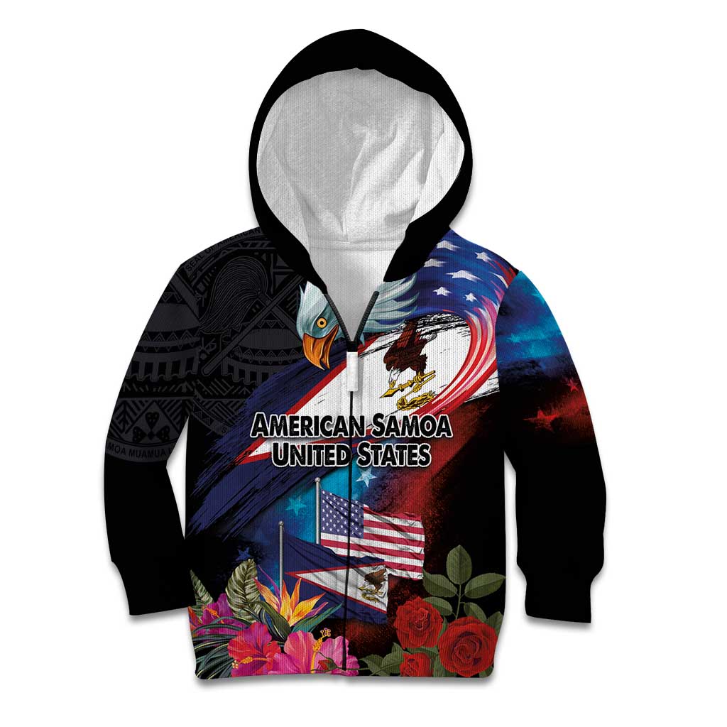 American Samoa and United States Together Kid Hoodie National Flag with Eagle-Hibiscus and Rose LT03 Zip Hoodie Black - Polynesian Pride