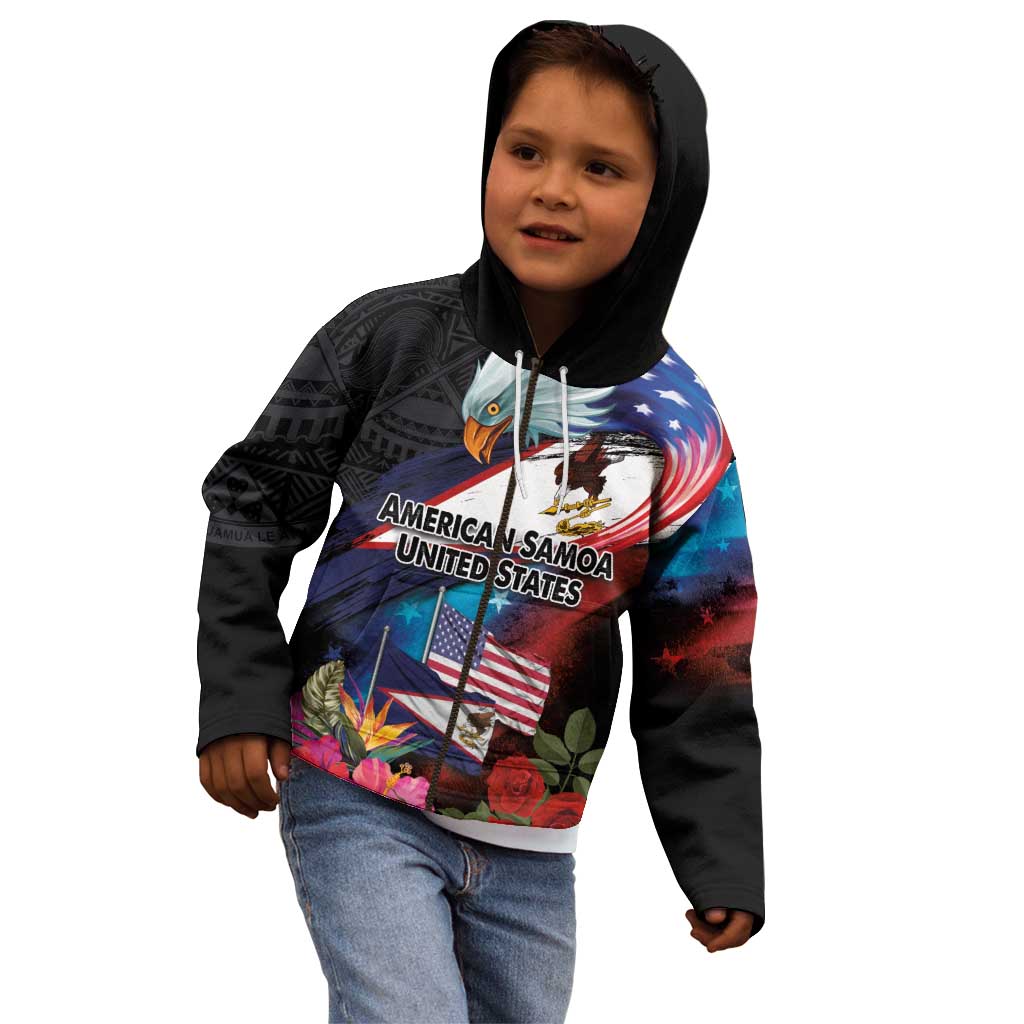 American Samoa and United States Together Kid Hoodie National Flag with Eagle-Hibiscus and Rose LT03 - Polynesian Pride