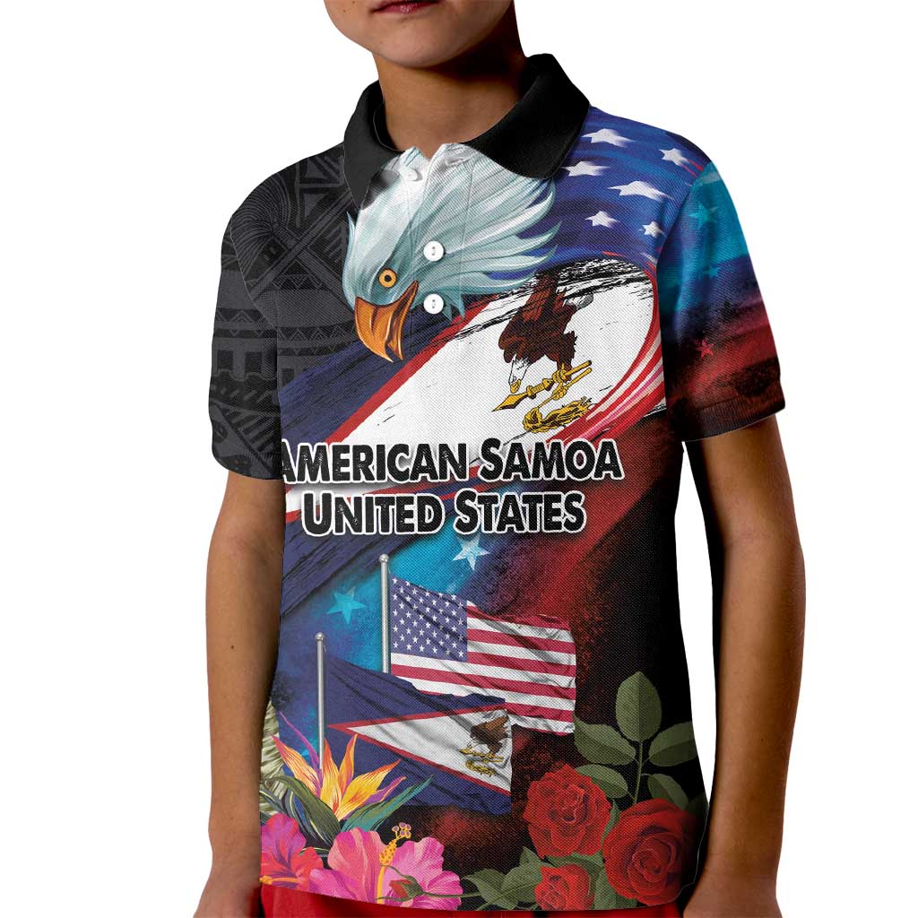 American Samoa and United States Together Kid Polo Shirt National Flag with Eagle-Hibiscus and Rose LT03 Kid Black - Polynesian Pride