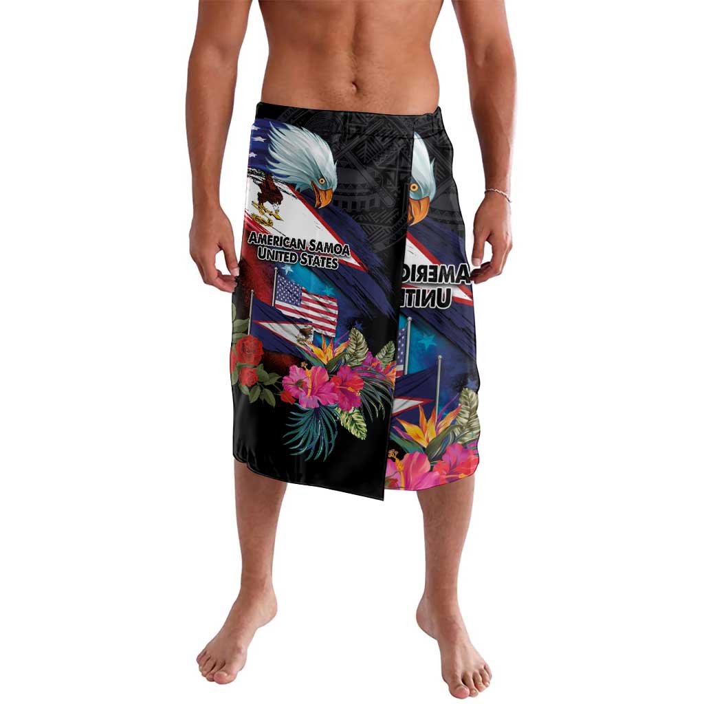 American Samoa and United States Together Lavalava National Flag with Eagle-Hibiscus and Rose LT03 Black - Polynesian Pride