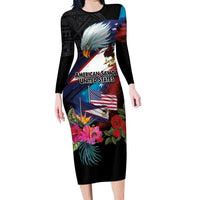 American Samoa and United States Together Long Sleeve Bodycon Dress National Flag with Eagle-Hibiscus and Rose LT03 Long Dress Black - Polynesian Pride