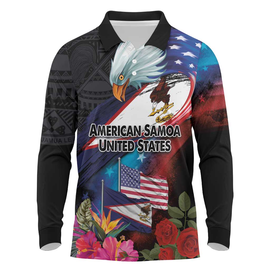 American Samoa and United States Together Long Sleeve Polo Shirt National Flag with Eagle-Hibiscus and Rose LT03 Black - Polynesian Pride