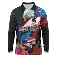 American Samoa and United States Together Long Sleeve Polo Shirt National Flag with Eagle-Hibiscus and Rose LT03 Black - Polynesian Pride