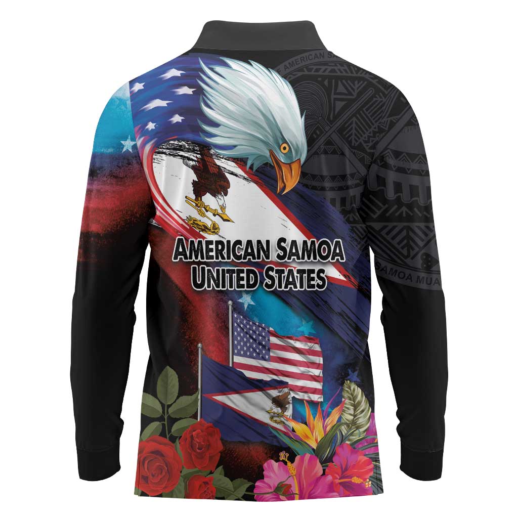 American Samoa and United States Together Long Sleeve Polo Shirt National Flag with Eagle-Hibiscus and Rose LT03 - Polynesian Pride
