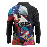American Samoa and United States Together Long Sleeve Polo Shirt National Flag with Eagle-Hibiscus and Rose LT03 - Polynesian Pride