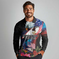 American Samoa and United States Together Long Sleeve Polo Shirt National Flag with Eagle-Hibiscus and Rose LT03 - Polynesian Pride