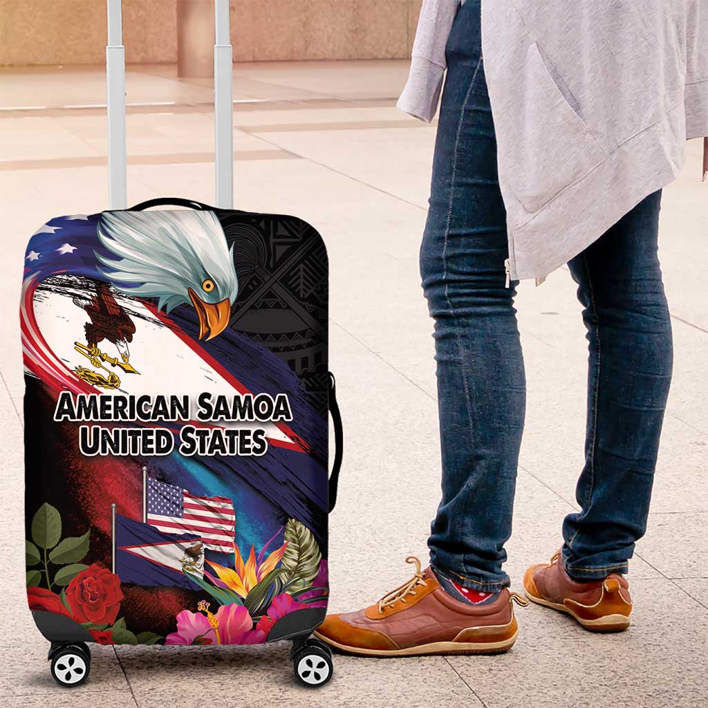 American Samoa and United States Together Luggage Cover National Flag with Eagle-Hibiscus and Rose LT03 Black - Polynesian Pride