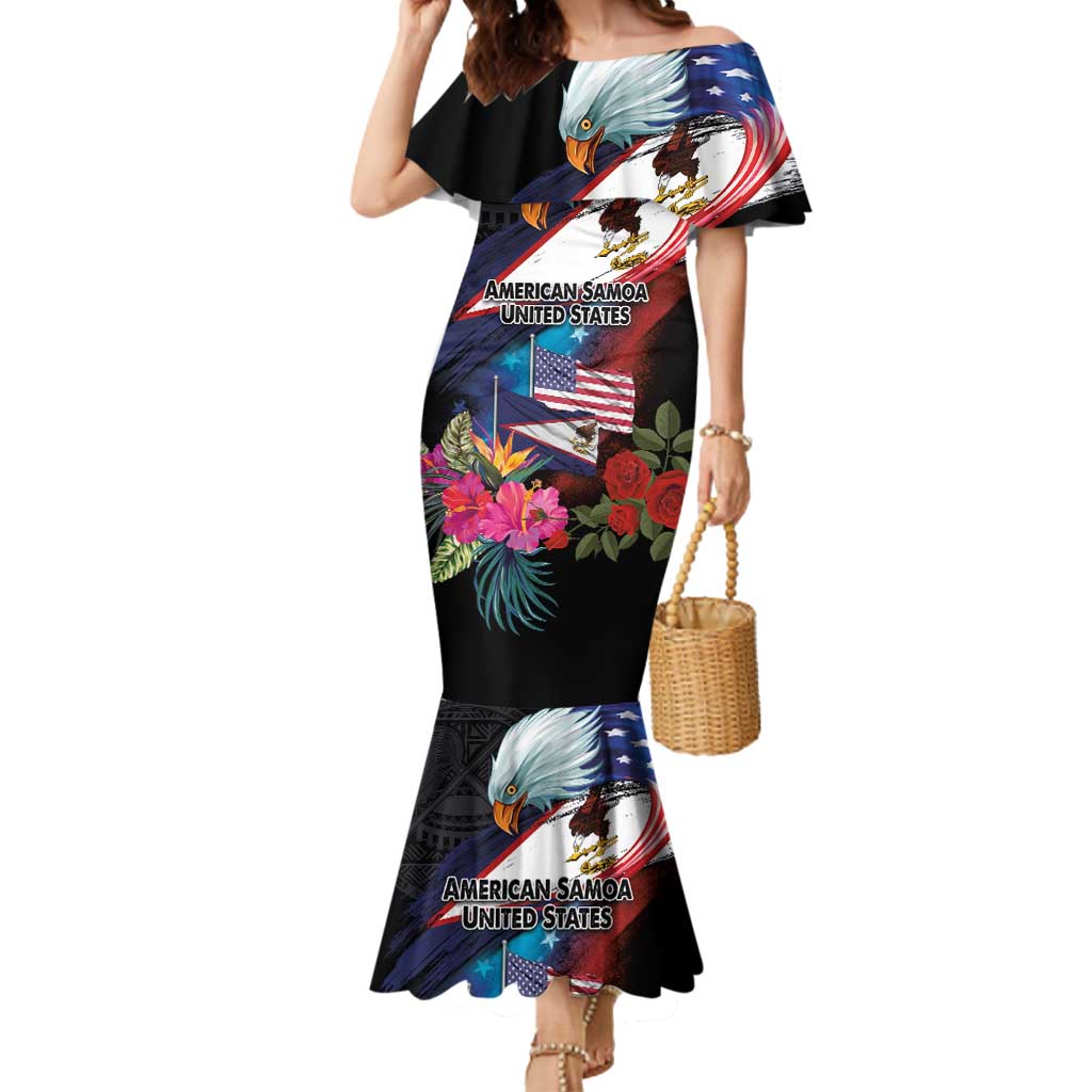 American Samoa and United States Together Mermaid Dress National Flag with Eagle-Hibiscus and Rose LT03 Women Black - Polynesian Pride