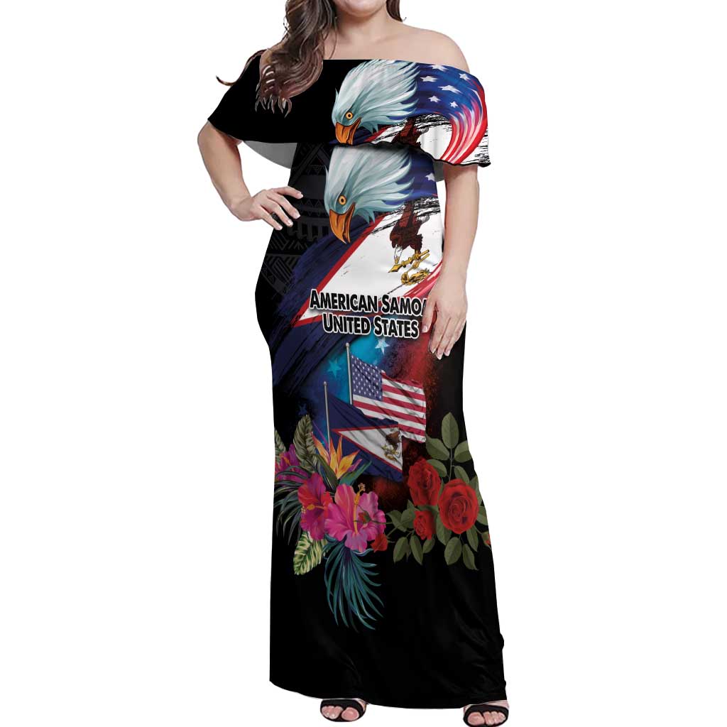 American Samoa and United States Together Off Shoulder Maxi Dress National Flag with Eagle-Hibiscus and Rose LT03 Women Black - Polynesian Pride