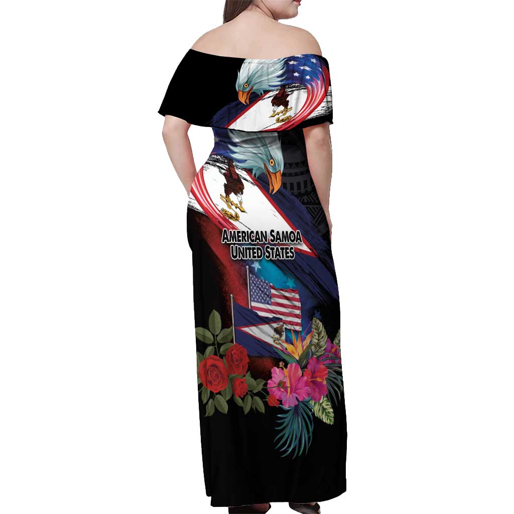 American Samoa and United States Together Off Shoulder Maxi Dress National Flag with Eagle-Hibiscus and Rose LT03 - Polynesian Pride