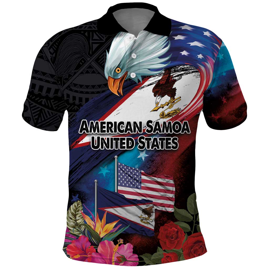 American Samoa and United States Together Polo Shirt National Flag with Eagle-Hibiscus and Rose LT03 Black - Polynesian Pride