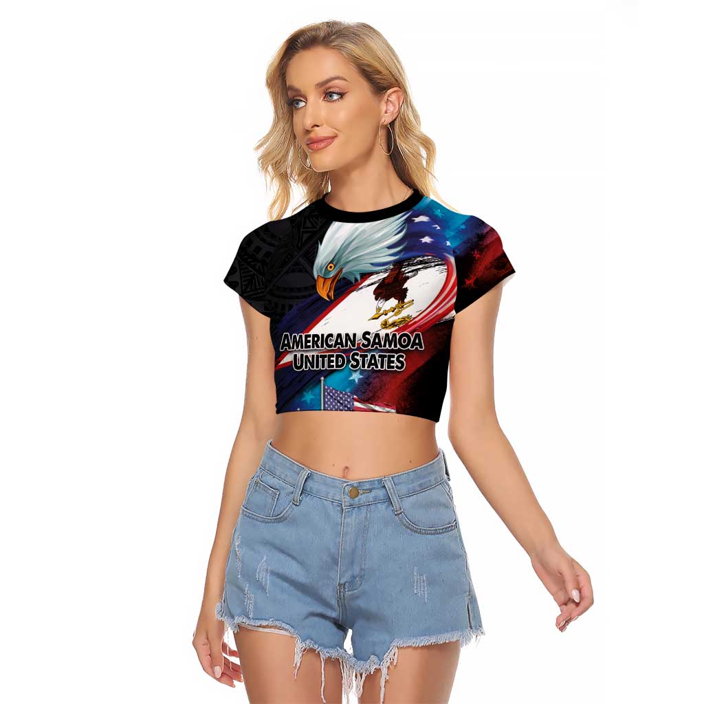 American Samoa and United States Together Raglan Cropped T Shirt National Flag with Eagle-Hibiscus and Rose LT03 Female Black - Polynesian Pride