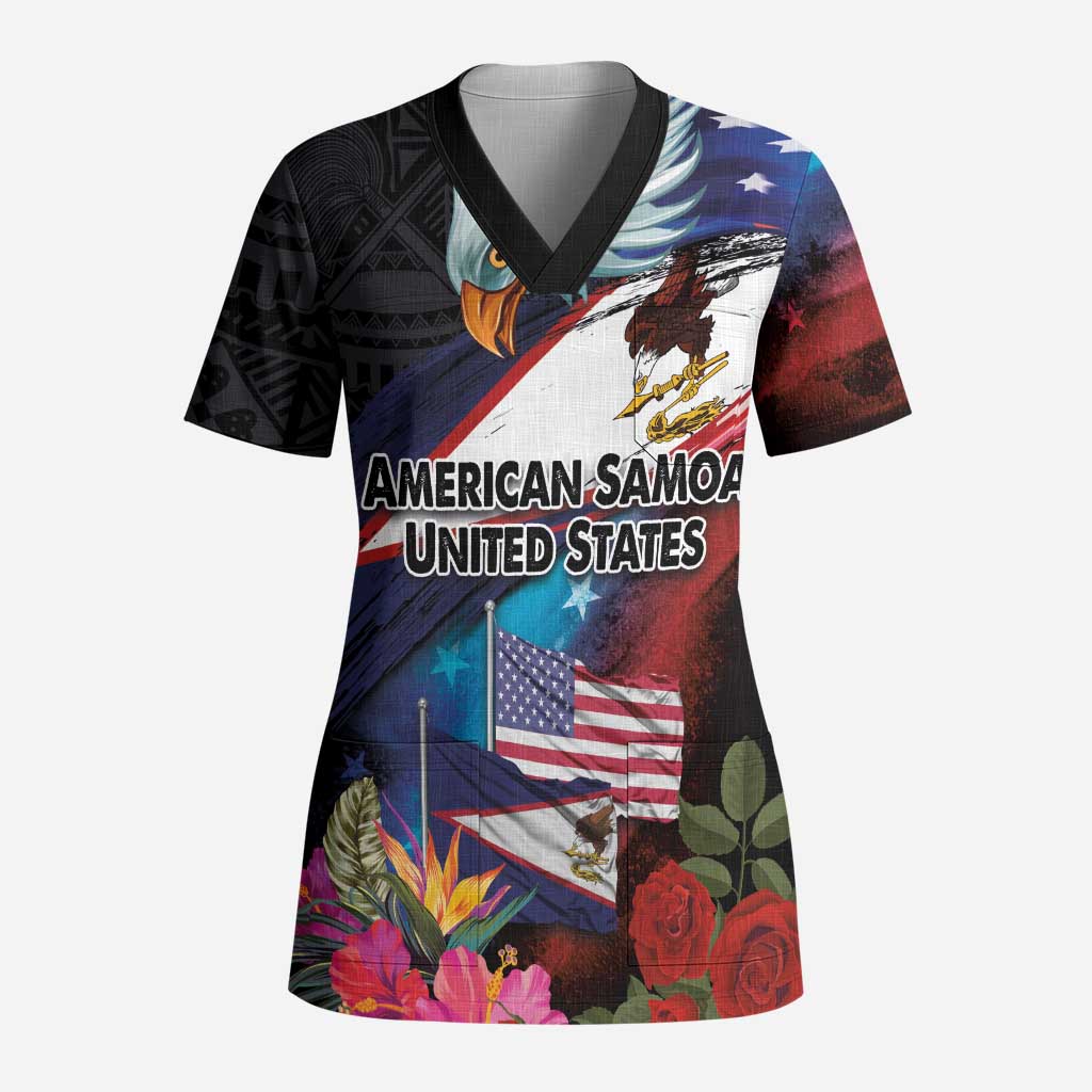 American Samoa and United States Together Scrub Top National Flag with Eagle-Hibiscus and Rose LT03 Adult Black - Polynesian Pride