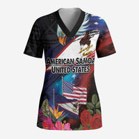 American Samoa and United States Together Scrub Top National Flag with Eagle-Hibiscus and Rose LT03 Adult Black - Polynesian Pride
