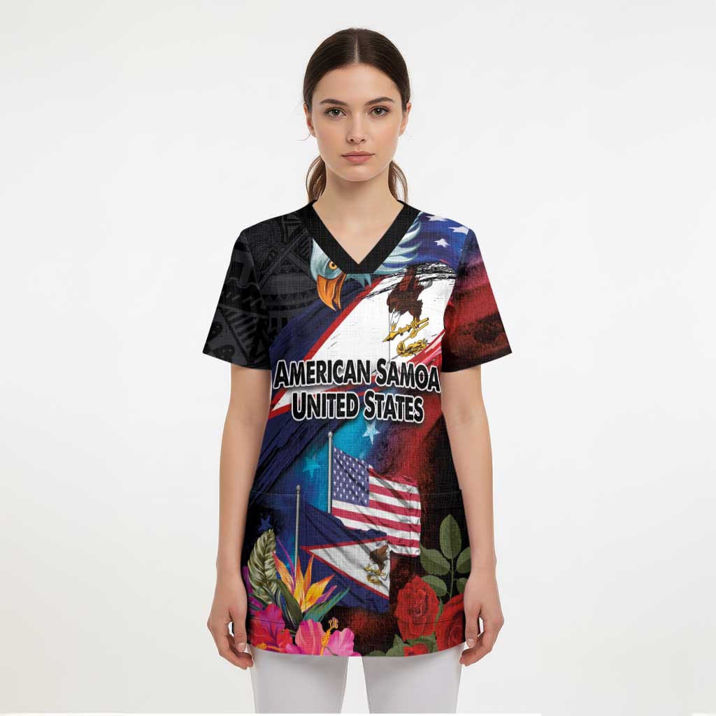 American Samoa and United States Together Scrub Top National Flag with Eagle-Hibiscus and Rose LT03 - Polynesian Pride