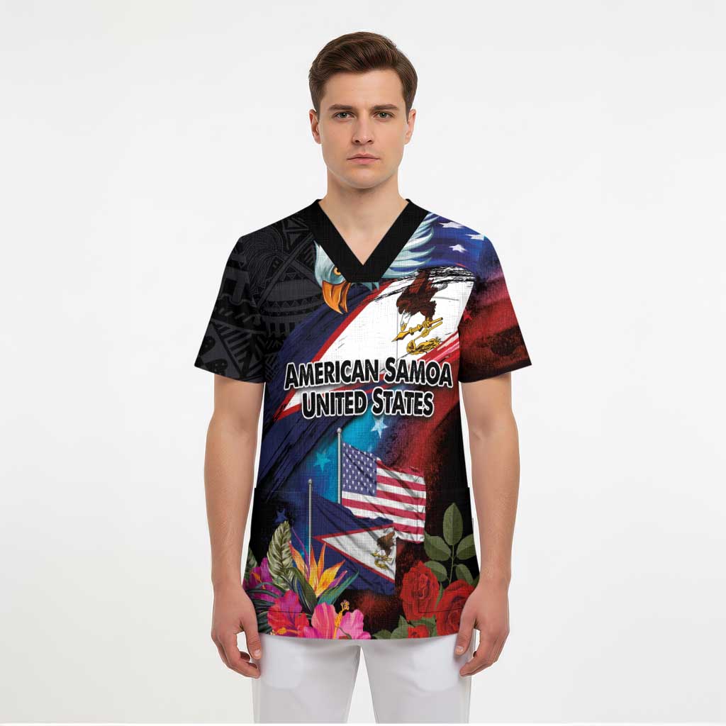 American Samoa and United States Together Scrub Top National Flag with Eagle-Hibiscus and Rose LT03 - Polynesian Pride