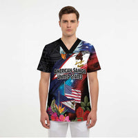 American Samoa and United States Together Scrub Top National Flag with Eagle-Hibiscus and Rose LT03 - Polynesian Pride