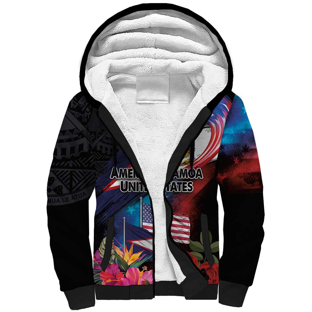 American Samoa and United States Together Sherpa Hoodie National Flag with Eagle-Hibiscus and Rose LT03 Unisex Black - Polynesian Pride
