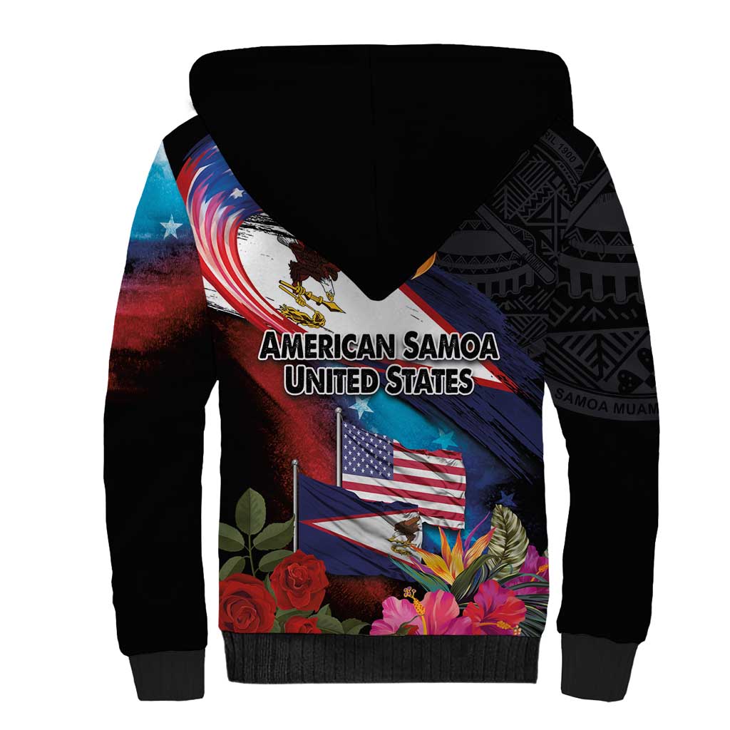 American Samoa and United States Together Sherpa Hoodie National Flag with Eagle-Hibiscus and Rose LT03 - Polynesian Pride