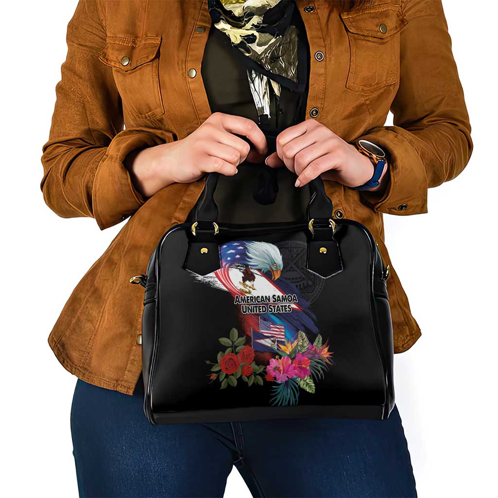 American Samoa and United States Together Shoulder Handbag National Flag with Eagle-Hibiscus and Rose