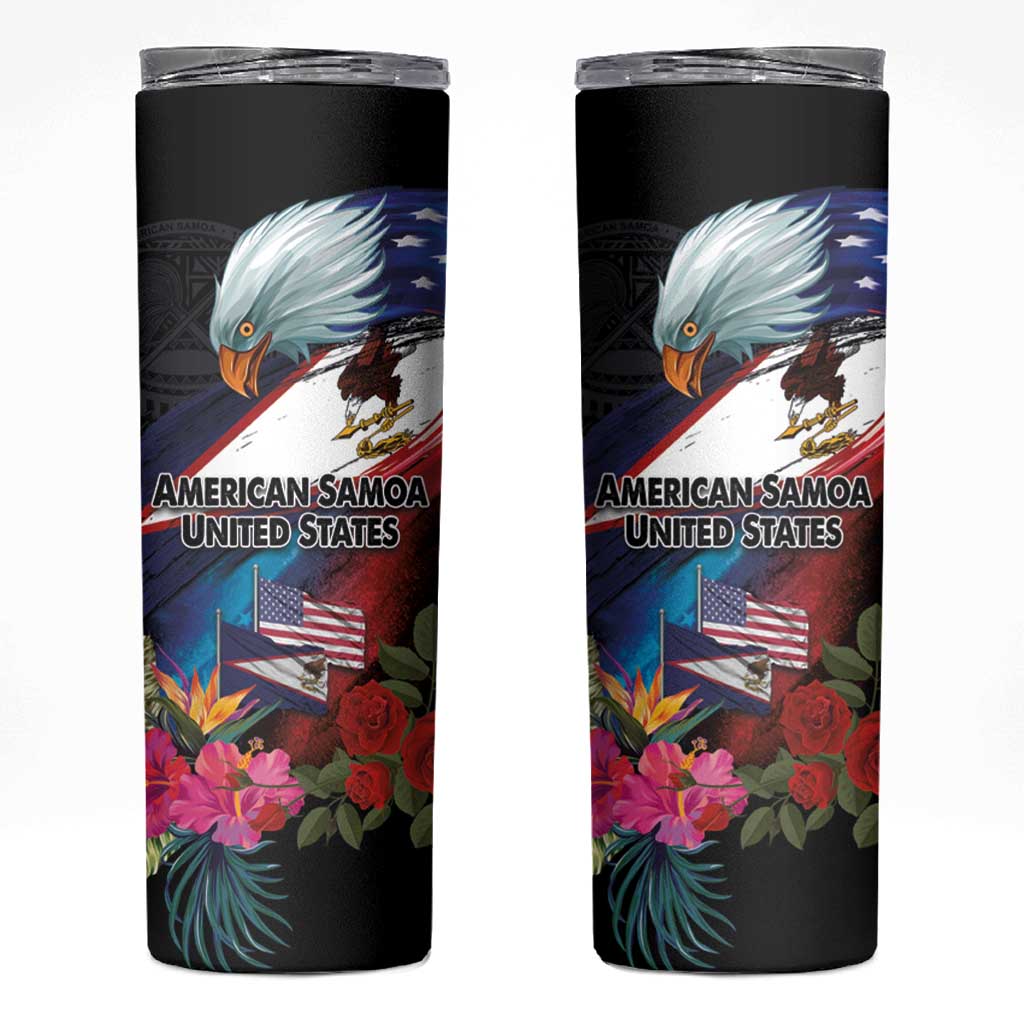 American Samoa and United States Together Skinny Tumbler National Flag with Eagle-Hibiscus and Rose LT03 Black - Polynesian Pride