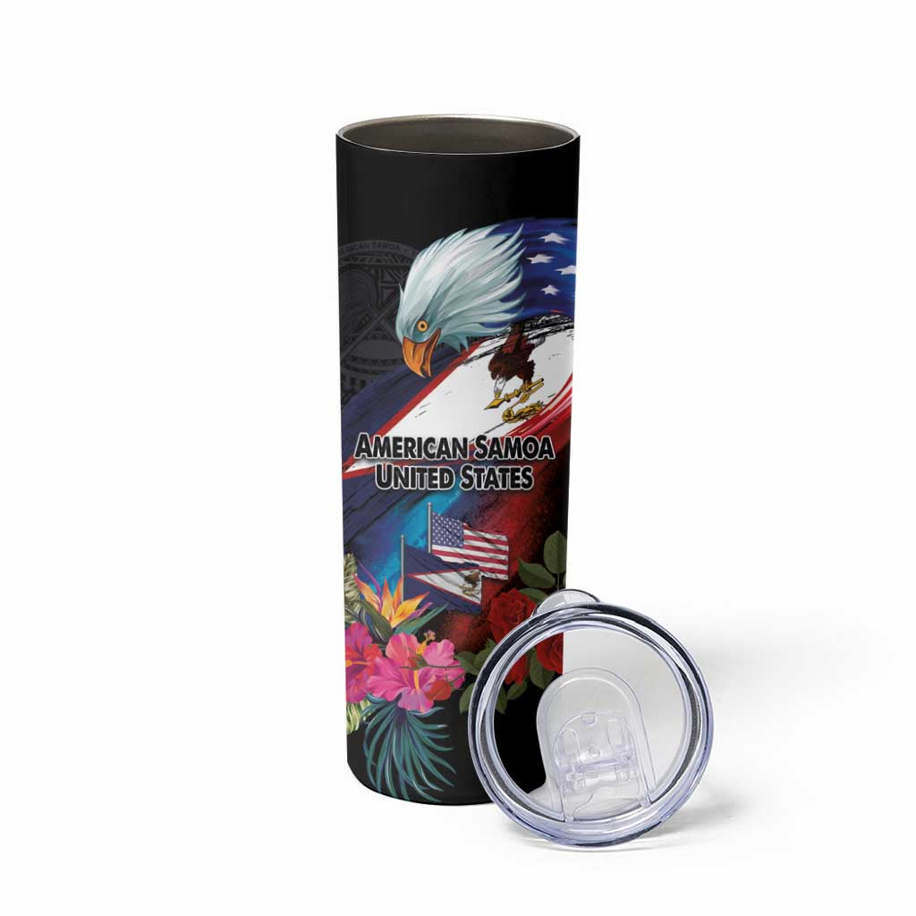American Samoa and United States Together Skinny Tumbler National Flag with Eagle-Hibiscus and Rose LT03 - Polynesian Pride