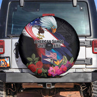American Samoa and United States Together Spare Tire Cover National Flag with Eagle-Hibiscus and Rose LT03 Black - Polynesian Pride